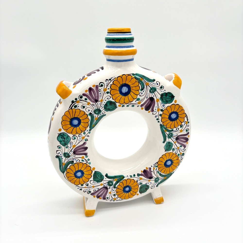 Vintage Folk Art Ceramic Donut Vase Floral Hand Painted Modra Ring Vessel Footed